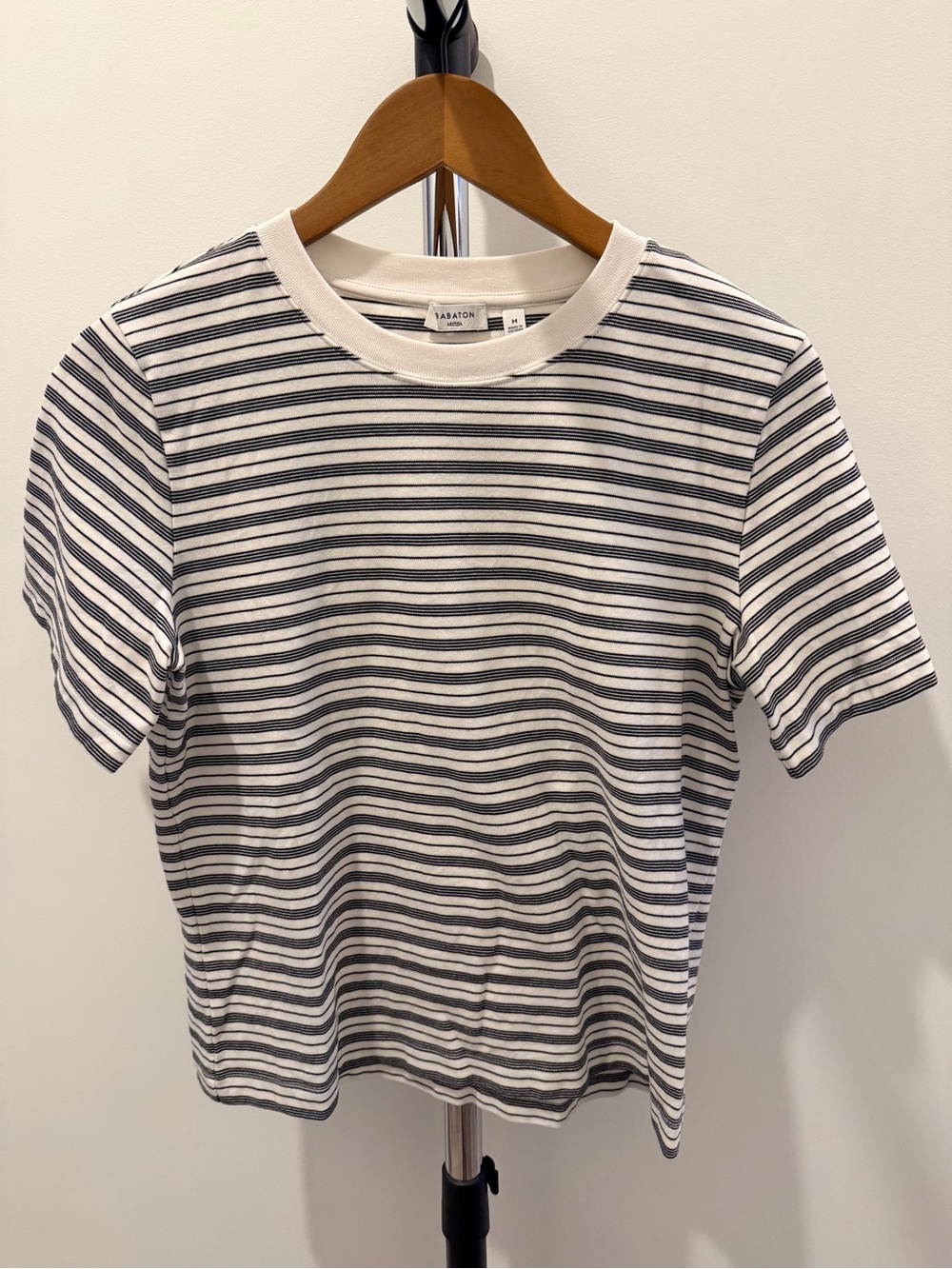 Babaton Short-Sleeve Striped Crew Tee in White and Navy